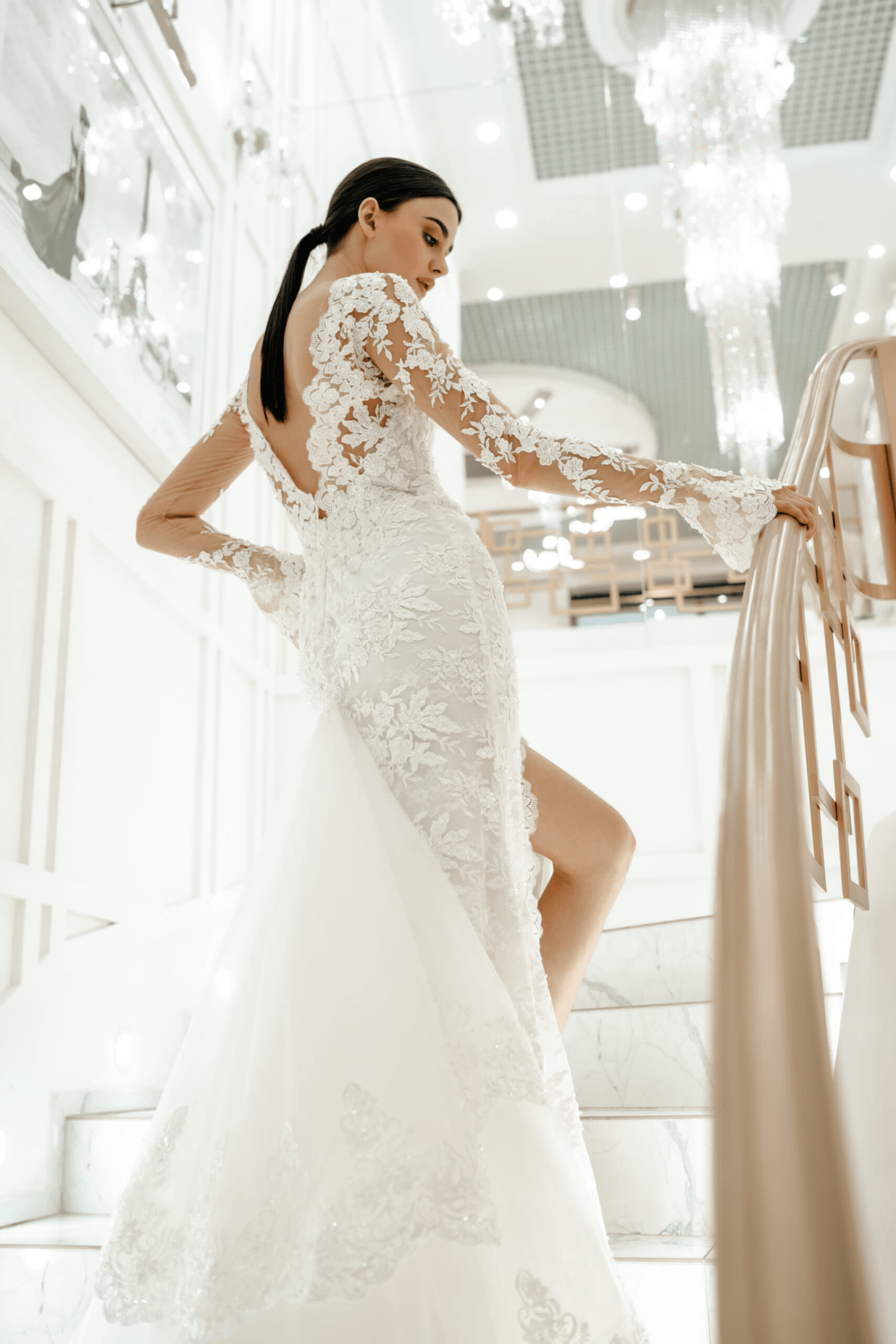 Tulle Mermaid Wedding Gown with High Slit - Floral Applique Dress and Long Sleeves Wedding Dress Plus Size - ROSALIA - WonderlandByLilian