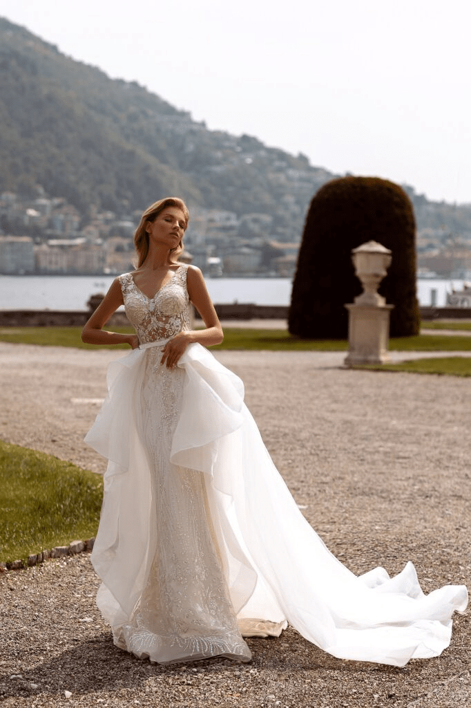 Tulle Mermaid Wedding Gown with Train - Sleeveless Wedding Dress with V - Neck - Convertible Wedding Dress Plus Size - WonderlandByLilian
