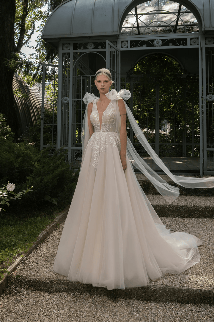Tulle Wedding Gown with V - Shaped Corset and Floral Lace – Sleeveless Wedding Dress with Train and Convertible Shoulder Bows Plus Size - Milena - WonderlandByLilian