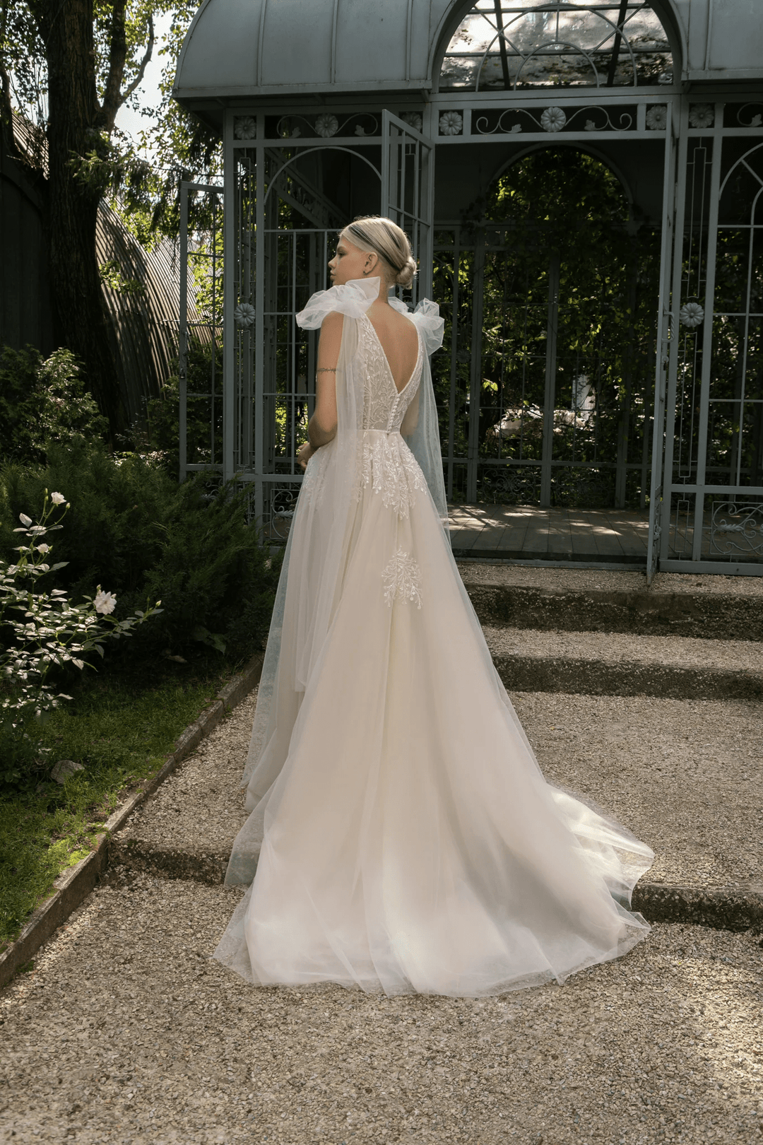 Tulle Wedding Gown with V - Shaped Corset and Floral Lace – Sleeveless Wedding Dress with Train and Convertible Shoulder Bows Plus Size - Milena - WonderlandByLilian