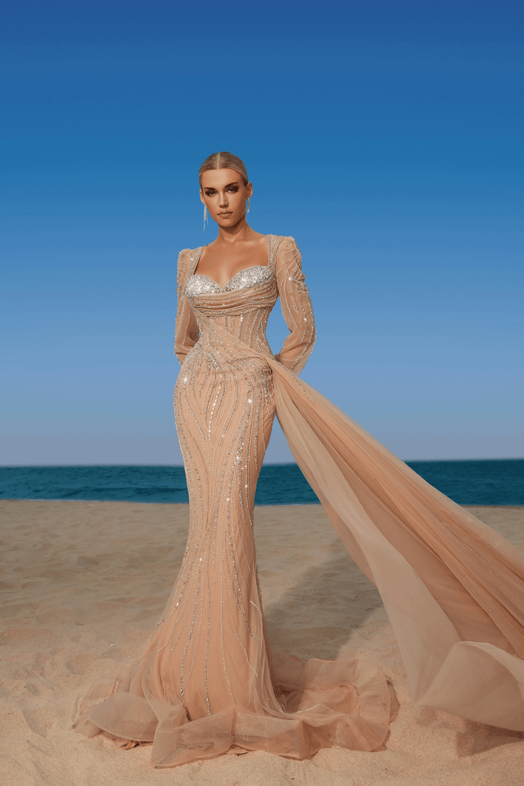 Turq Blue Sequin Gown with Long Sleeves and Detachable Train - Sparkly Maxi Dress - Designer Sequin Gown Plus Size - WonderlandByLilian