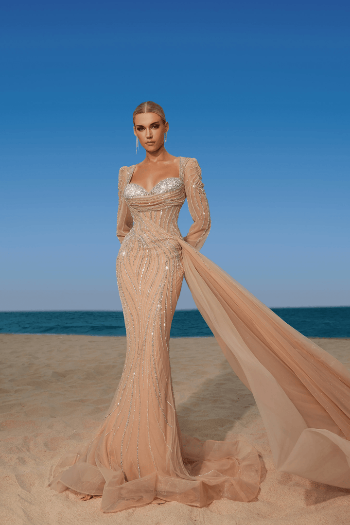 Turq Blue Sequin Gown with Long Sleeves and Detachable Train - Sparkly Maxi Dress - Designer Sequin Gown Plus Size - WonderlandByLilian