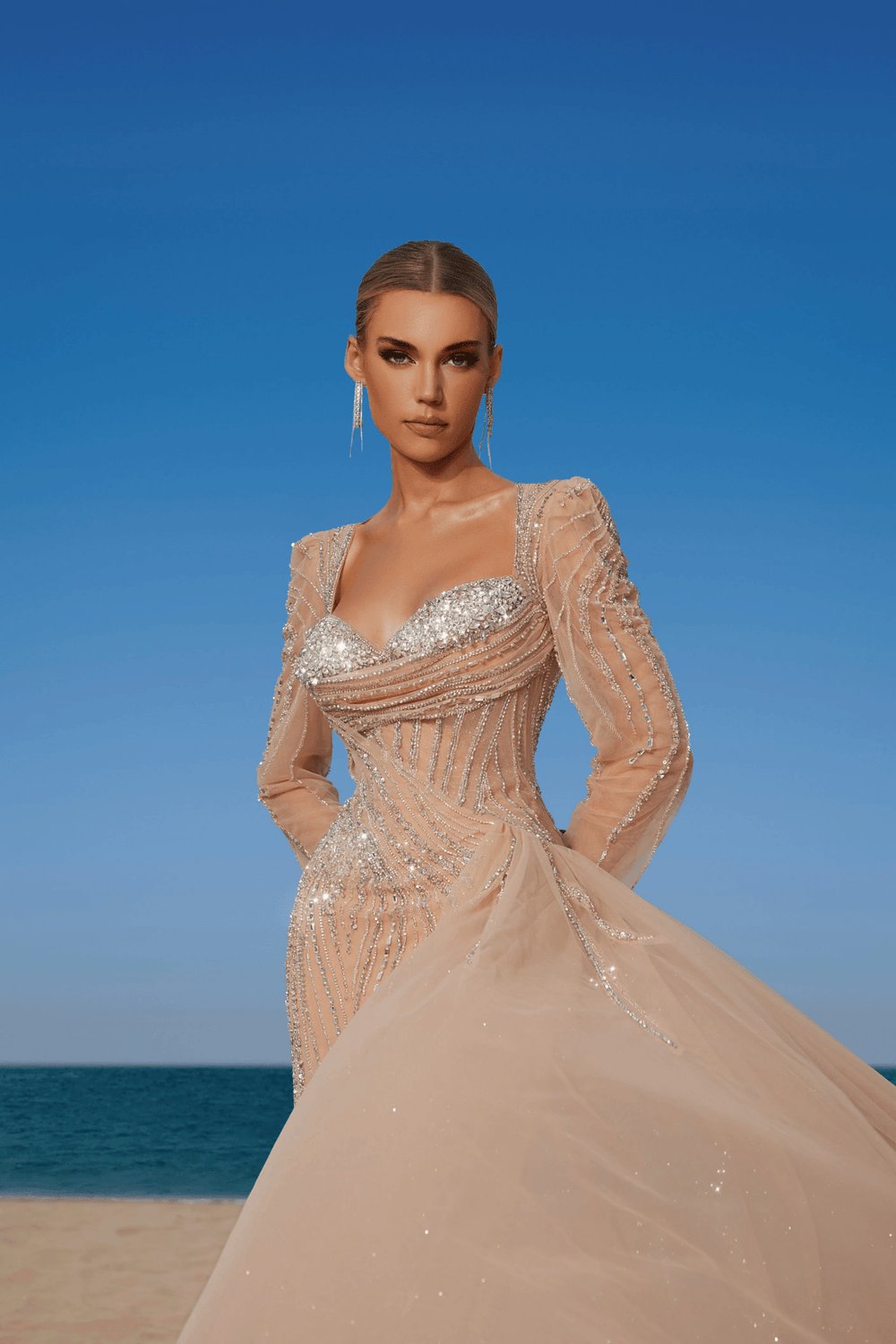 Turq Blue Sequin Gown with Long Sleeves and Detachable Train - Sparkly Maxi Dress - Designer Sequin Gown Plus Size - WonderlandByLilian