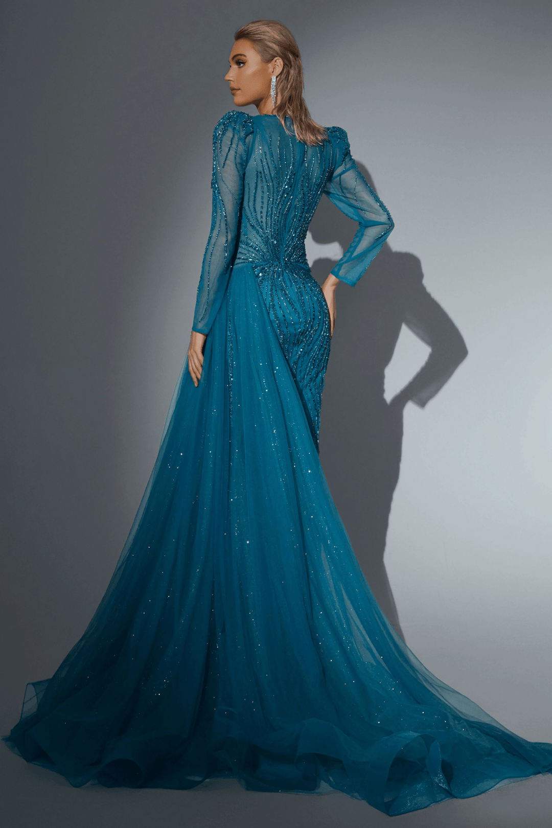 Turq Blue Sequin Gown with Long Sleeves and Detachable Train - Sparkly Maxi Dress - Designer Sequin Gown Plus Size - WonderlandByLilian
