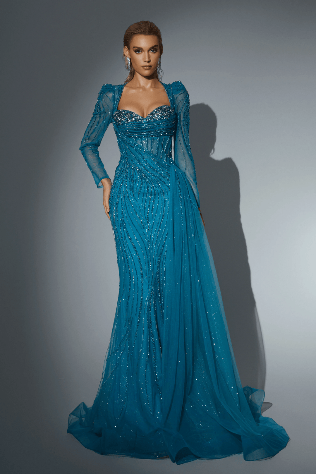 Turq Blue Sequin Gown with Long Sleeves and Detachable Train - Sparkly Maxi Dress - Designer Sequin Gown Plus Size - WonderlandByLilian