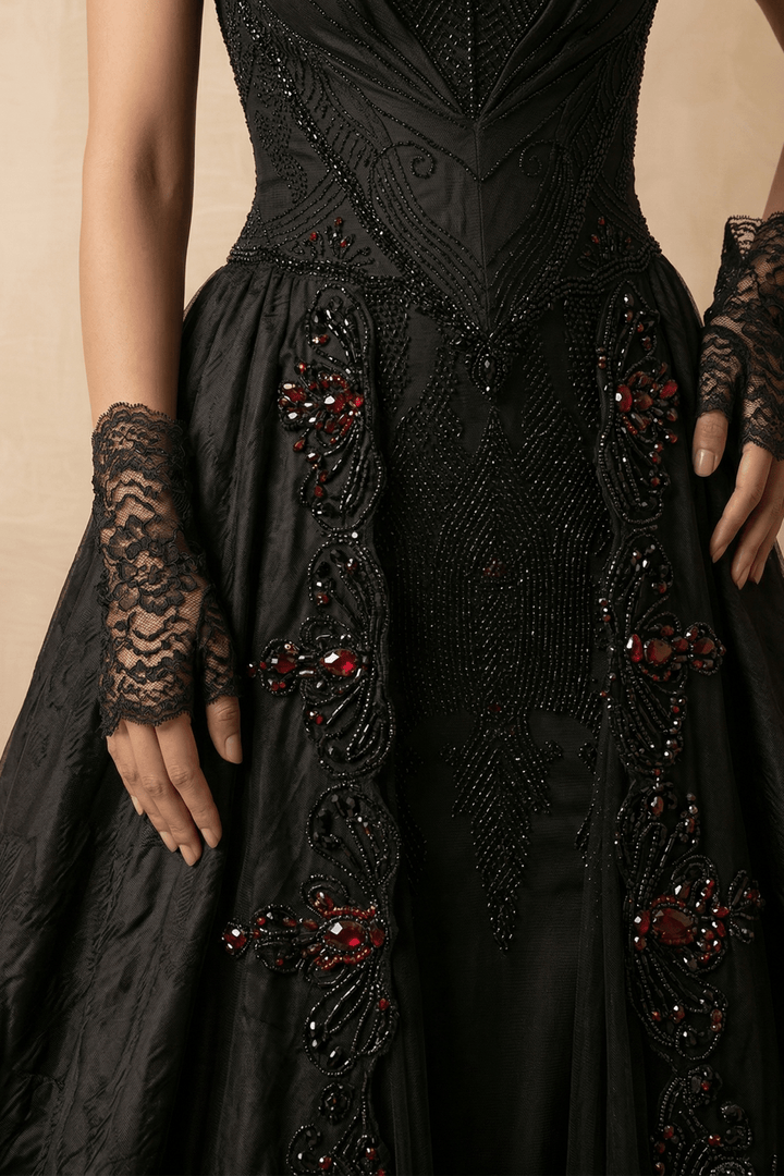 Unconventional Black Gothic Corset Wedding Dress – Satin Lace Embroidery Bridal Gown With Red Beaded Detail Plus Size - WonderlandByLilian