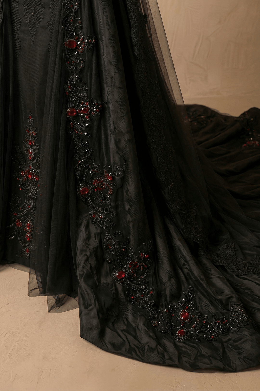 Unconventional Black Gothic Corset Wedding Dress – Satin Lace Embroidery Bridal Gown With Red Beaded Detail Plus Size - WonderlandByLilian