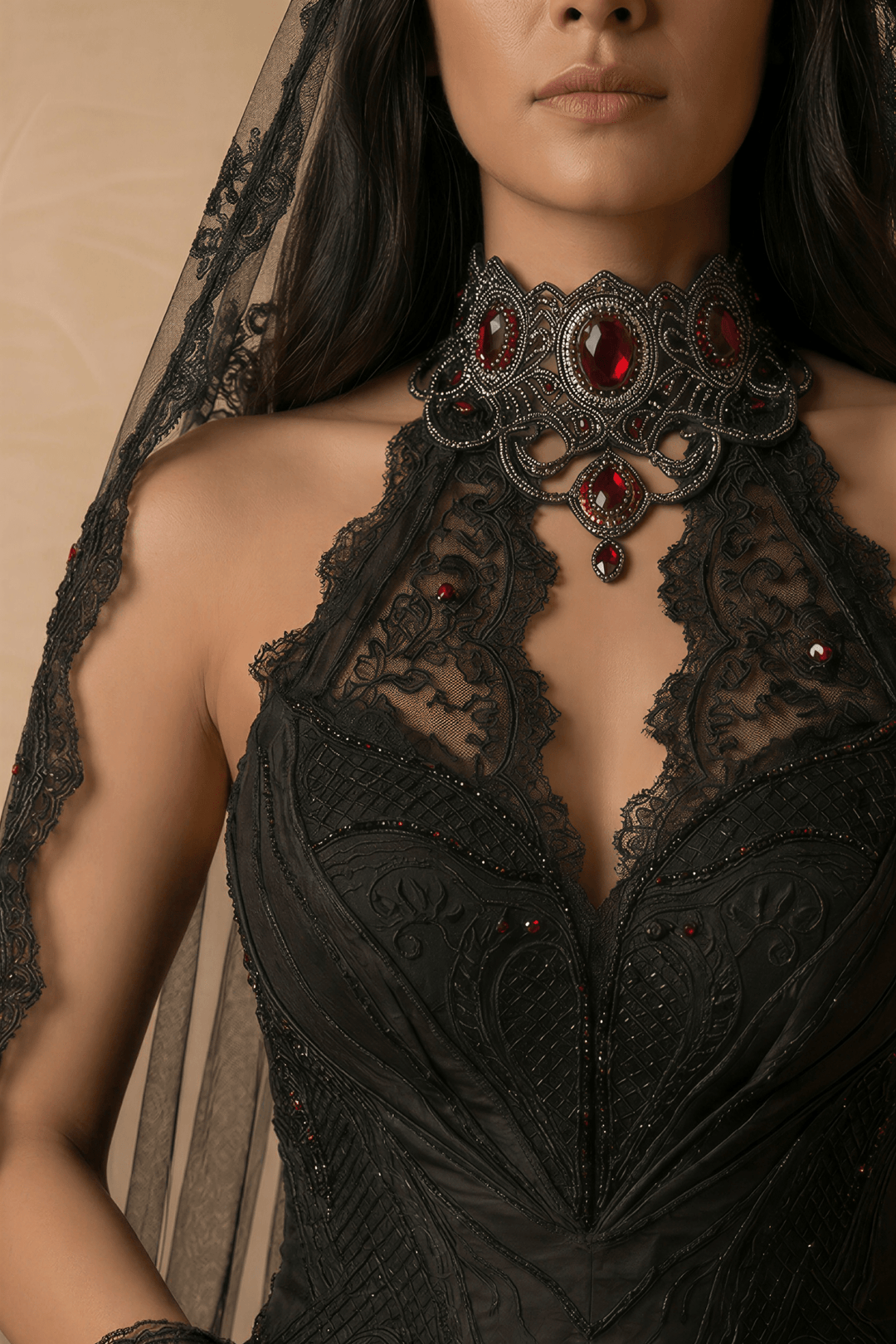 Unconventional Black Gothic Corset Wedding Dress – Satin Lace Embroidery Bridal Gown With Red Beaded Detail Plus Size - WonderlandByLilian