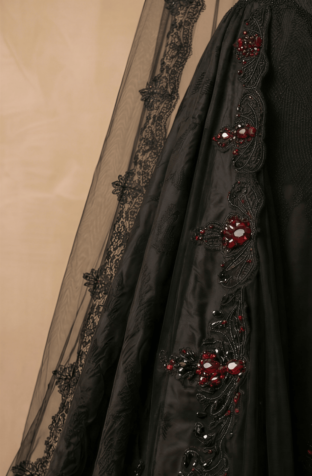 Unconventional Black Gothic Corset Wedding Dress – Satin Lace Embroidery Bridal Gown With Red Beaded Detail Plus Size - WonderlandByLilian