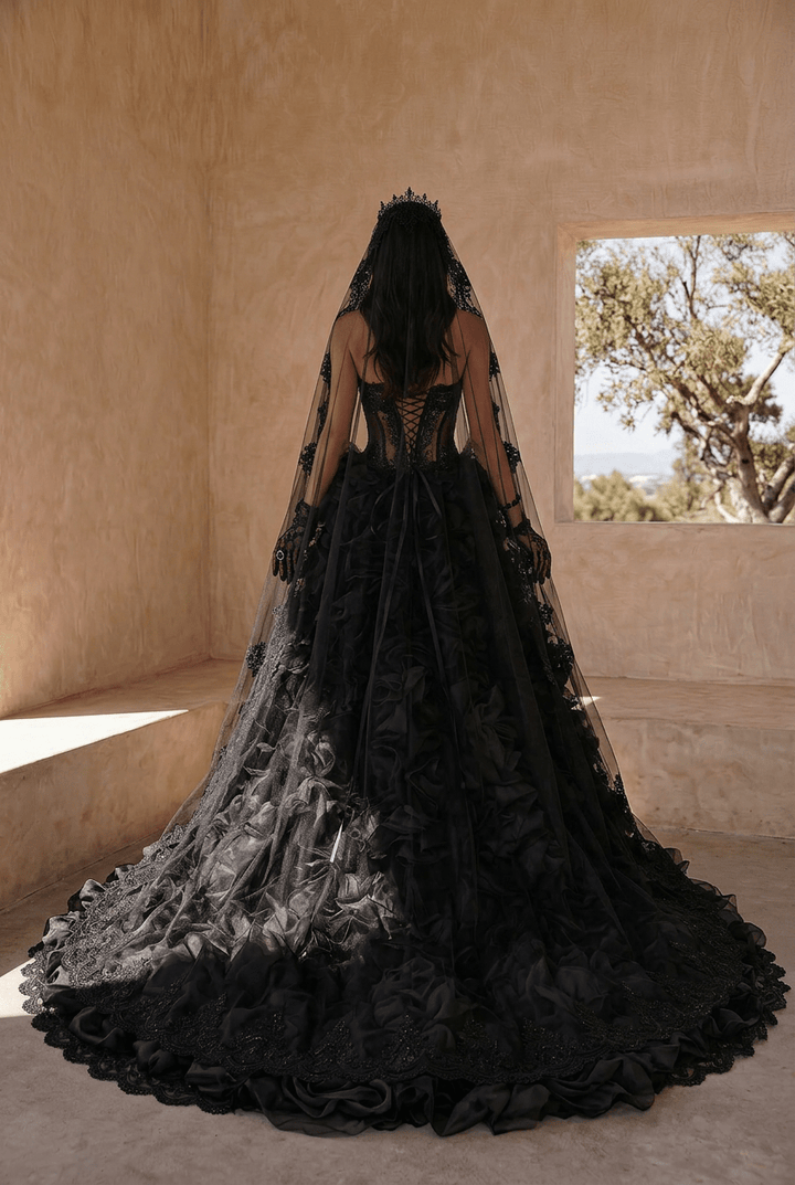 Unconventional Black Gothic Lace Tulle Embroidery Wedding Dress – Strapless Corset Luxury Bridal Gown Plus Size - WonderlandByLilian