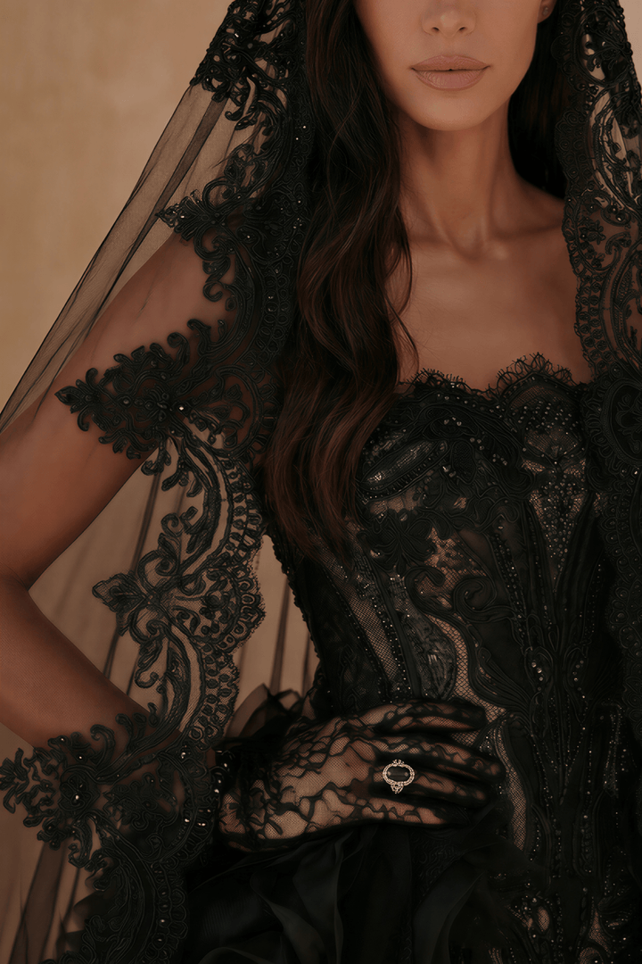 Unconventional Black Gothic Lace Tulle Embroidery Wedding Dress – Strapless Corset Luxury Bridal Gown Plus Size - WonderlandByLilian