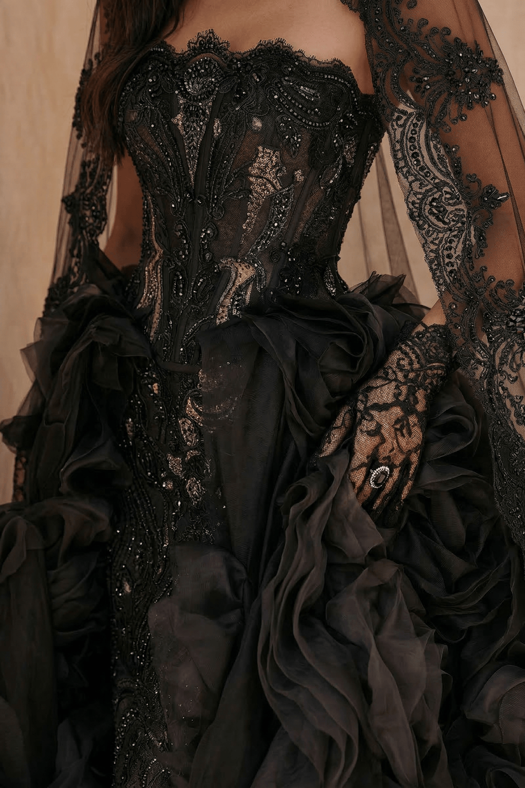 Unconventional Black Gothic Lace Tulle Embroidery Wedding Dress – Strapless Corset Luxury Bridal Gown Plus Size - WonderlandByLilian