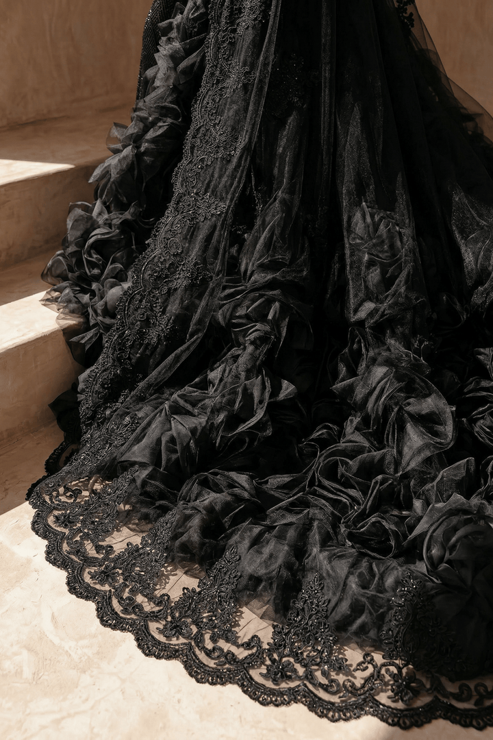 Unconventional Black Gothic Lace Tulle Embroidery Wedding Dress – Strapless Corset Luxury Bridal Gown Plus Size - WonderlandByLilian