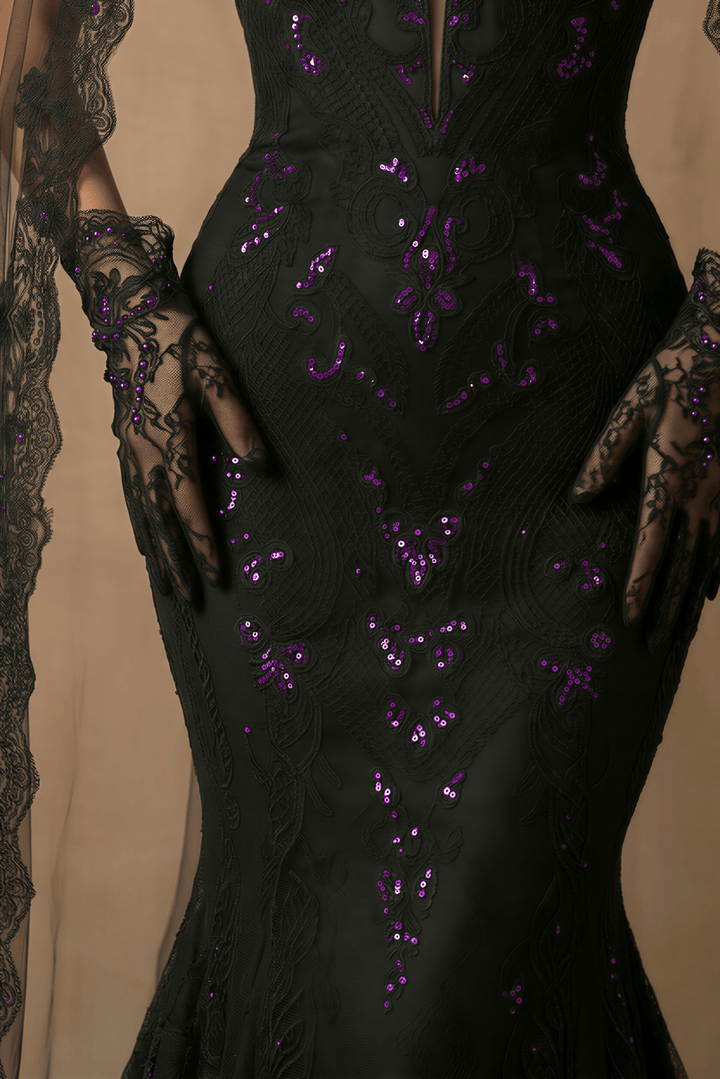 Unconventional Black Gothic Mermaid Wedding Dress – Halter Neck Corset Lace Embroidery Gown With Purple Shimmer Plus Size - WonderlandByLilian