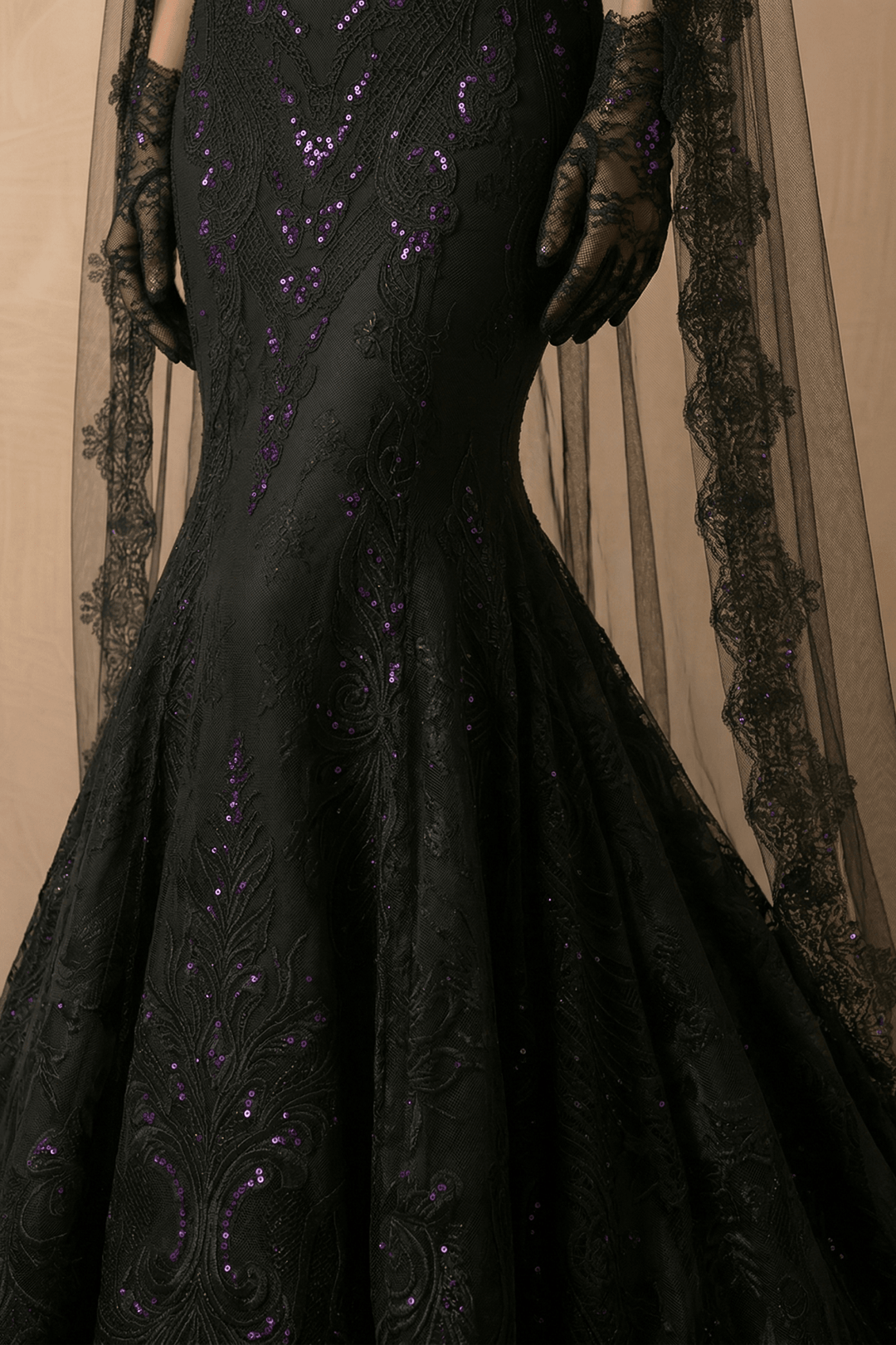 Unconventional Black Gothic Mermaid Wedding Dress – Halter Neck Corset Lace Embroidery Gown With Purple Shimmer Plus Size - WonderlandByLilian