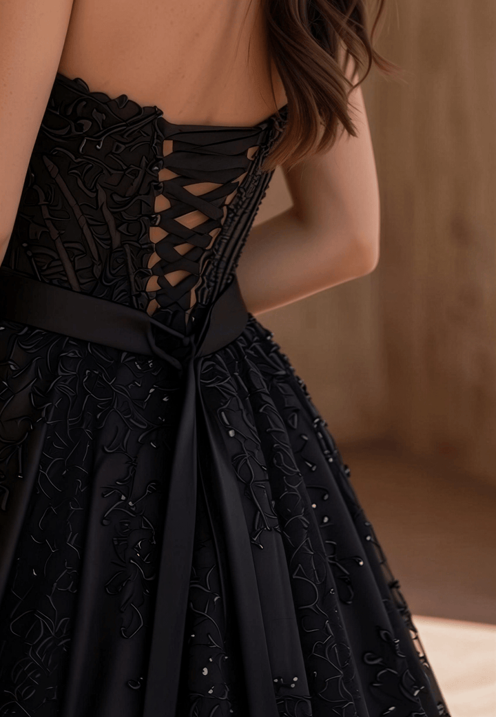 Unconventional Black Gothic Satin Embroidery Wedding Dress – Strapless Corset Luxury Bridal Gown Plus Size - WonderlandByLilian