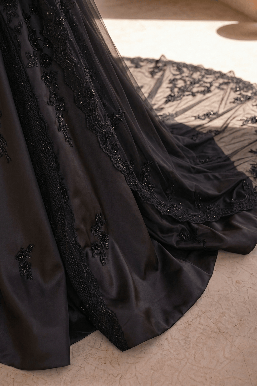 Unconventional Black Gothic Satin Embroidery Wedding Dress – Strapless Corset Luxury Bridal Gown Plus Size - WonderlandByLilian
