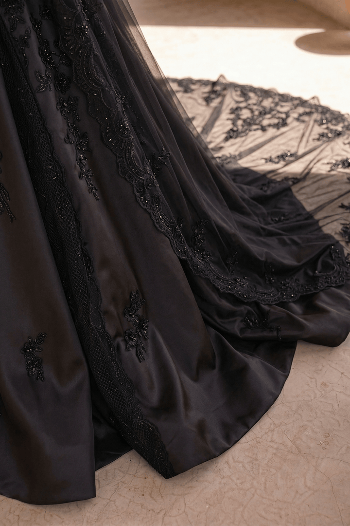 Unconventional Black Gothic Satin Embroidery Wedding Dress – Strapless Corset Luxury Bridal Gown Plus Size - WonderlandByLilian