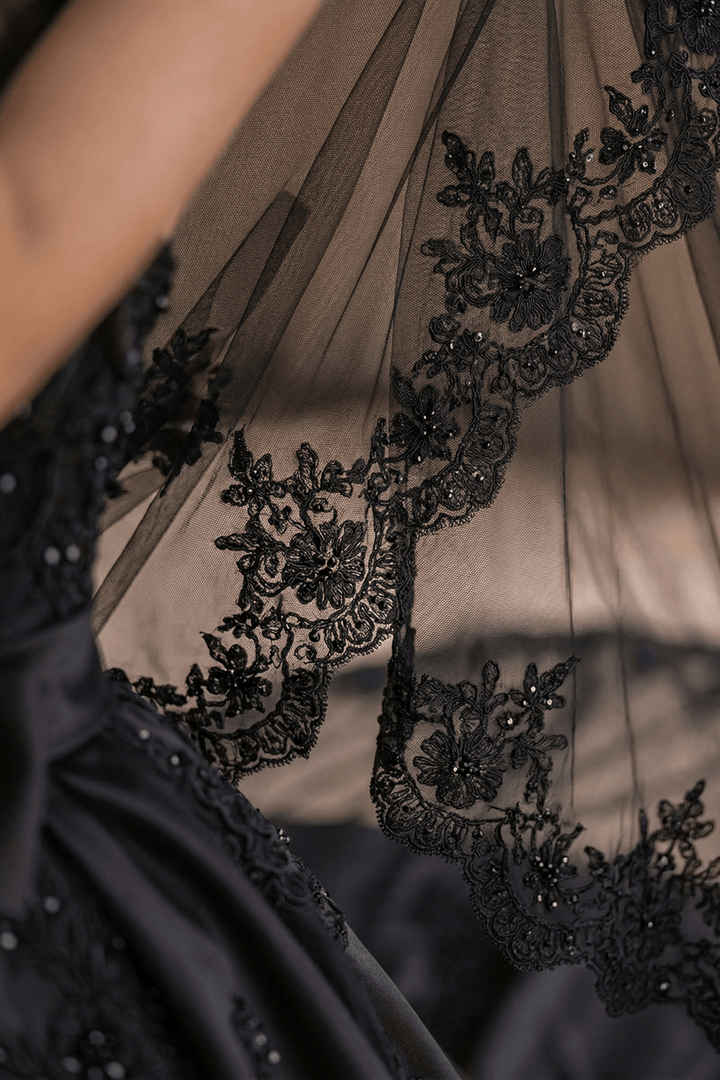 Unconventional Black Gothic Satin Embroidery Wedding Dress – Strapless Corset Luxury Bridal Gown Plus Size - WonderlandByLilian
