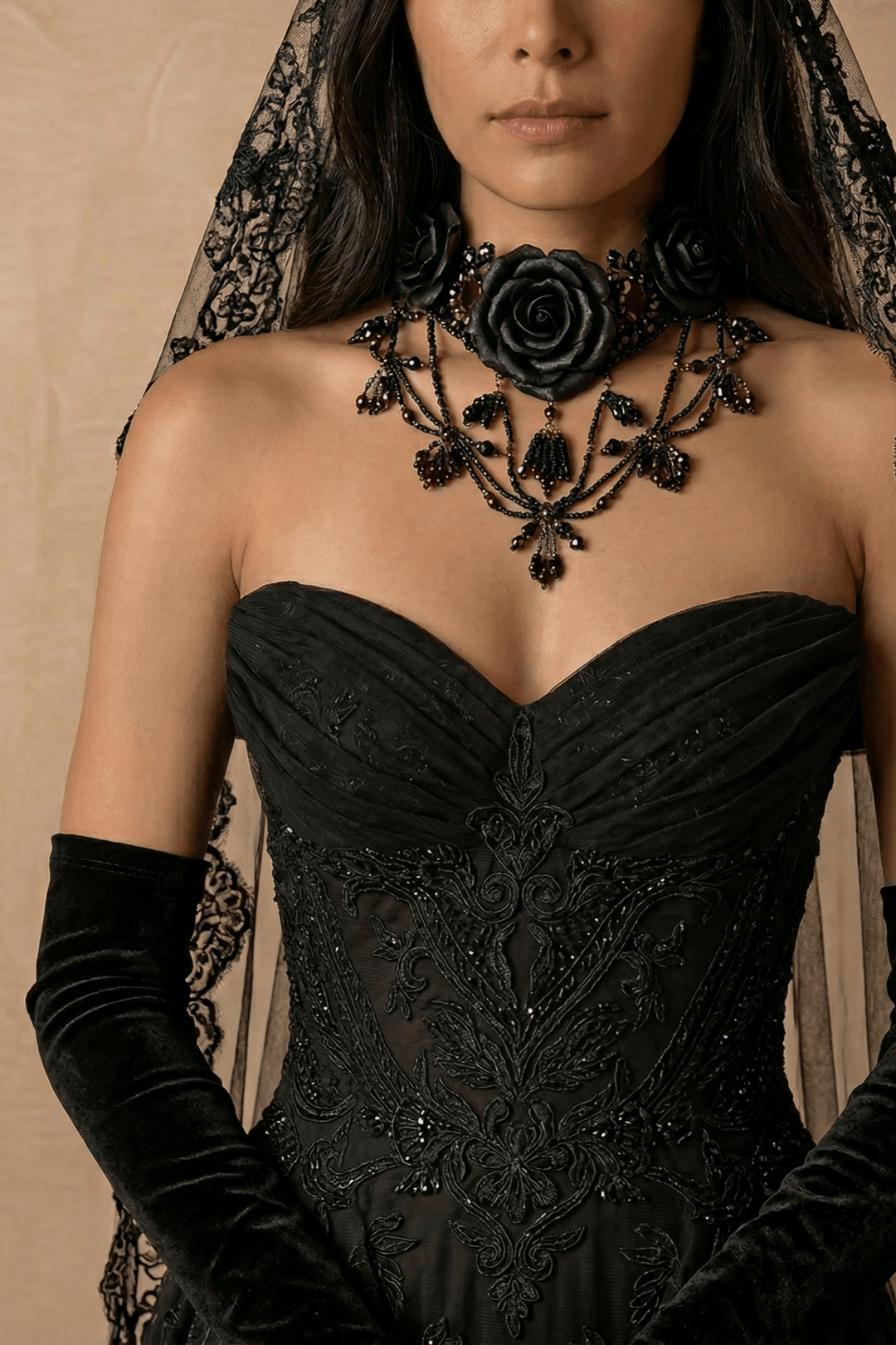Unconventional Black Gothic Satin Embroidery Wedding Dress – Strapless Corset Luxury Bridal Gown Plus Size - WonderlandByLilian