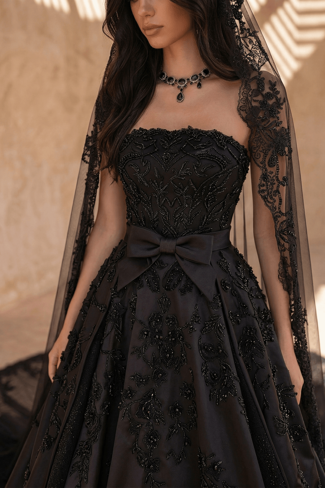 Unconventional Black Gothic Satin Embroidery Wedding Dress – Strapless Corset Luxury Bridal Gown Plus Size - WonderlandByLilian