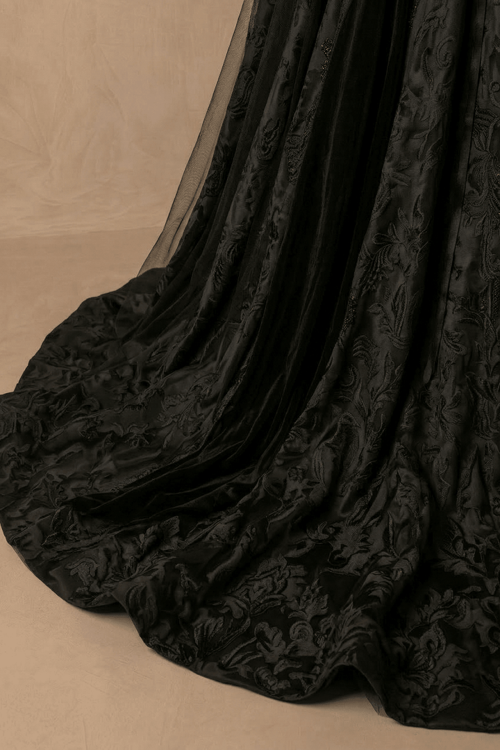 Unconventional Black Gothic Satin Embroidery Wedding Dress – Strapless Corset Luxury Bridal Gown Plus Size - WonderlandByLilian