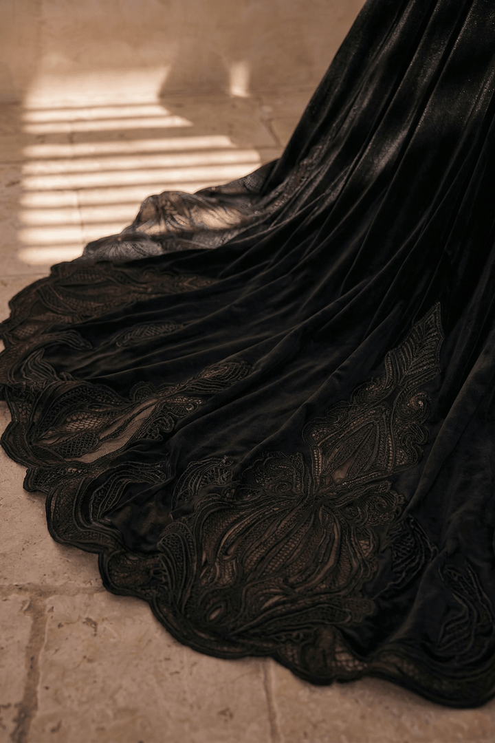 Unconventional Black Gothic Velvet Lace Embroidery Wedding Dress – Off Shoulder Long Sleeve Corset Luxury Dress Plus Size - WonderlandByLilian