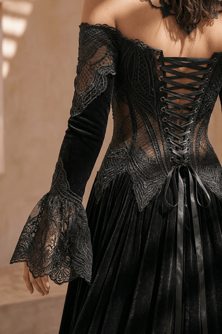 Unconventional Black Gothic Velvet Lace Embroidery Wedding Dress – Off Shoulder Long Sleeve Corset Luxury Dress Plus Size - WonderlandByLilian