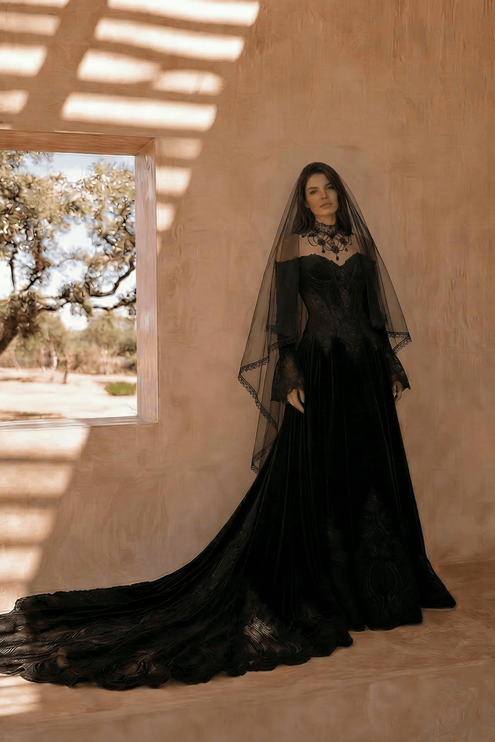 Unconventional Black Gothic Velvet Lace Embroidery Wedding Dress – Off Shoulder Long Sleeve Corset Luxury Dress Plus Size - WonderlandByLilian