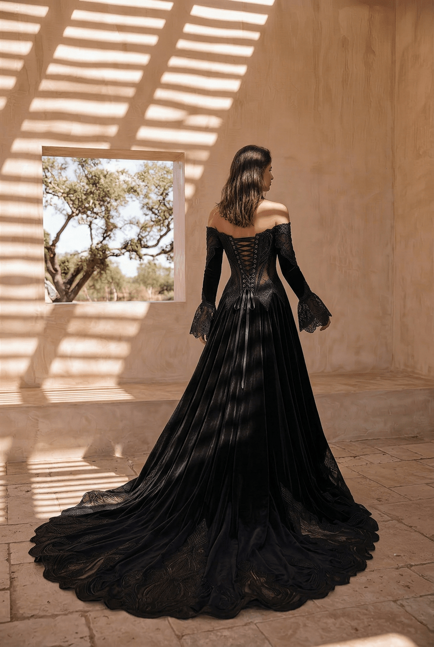 Unconventional Black Gothic Velvet Lace Embroidery Wedding Dress – Off Shoulder Long Sleeve Corset Luxury Dress Plus Size - WonderlandByLilian