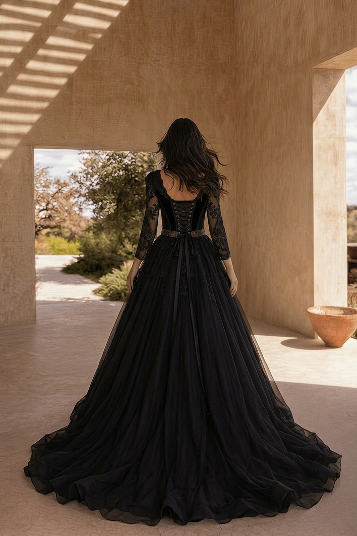 Unconventional Black Gothic Wedding Dress – Long Sleeve Corset Luxury Bridal Gown Plus Size - WonderlandByLilian