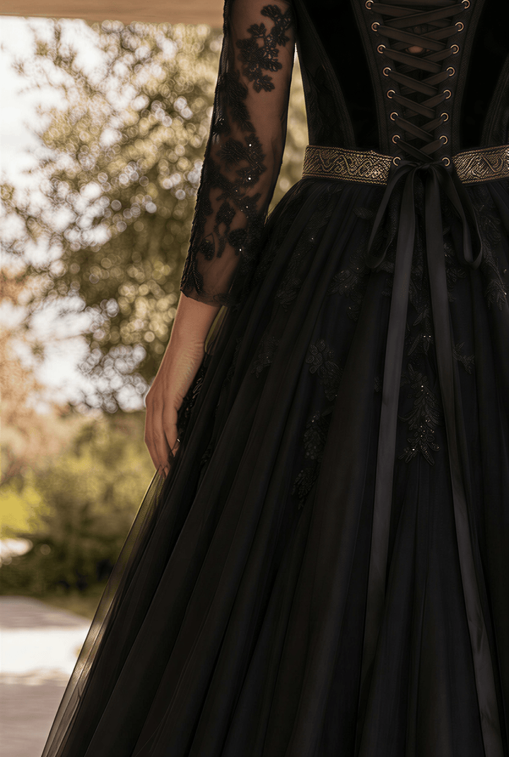 Unconventional Black Gothic Wedding Dress – Long Sleeve Corset Luxury Bridal Gown Plus Size - WonderlandByLilian