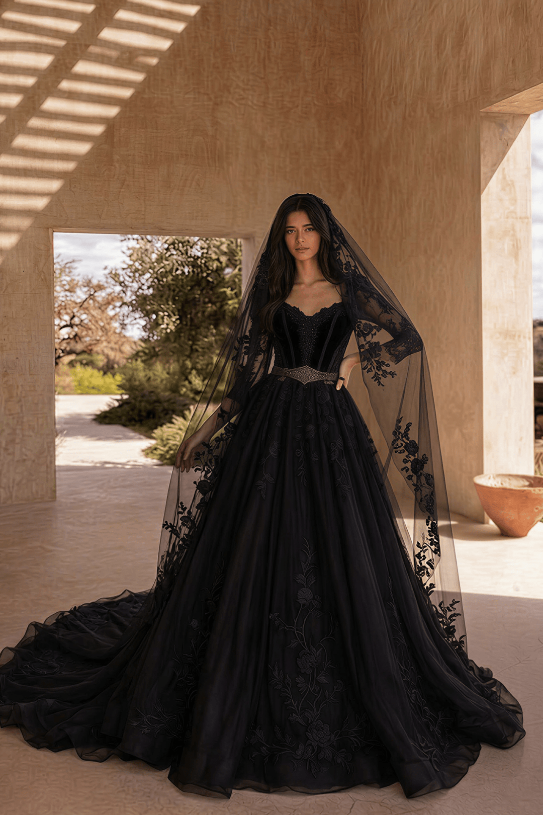 Unconventional Black Gothic Wedding Dress – Long Sleeve Corset Luxury Bridal Gown Plus Size - WonderlandByLilian