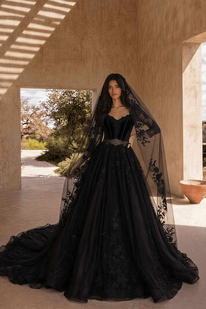 Unconventional Black Gothic Wedding Dress – Long Sleeve Corset Luxury Bridal Gown Plus Size - WonderlandByLilian