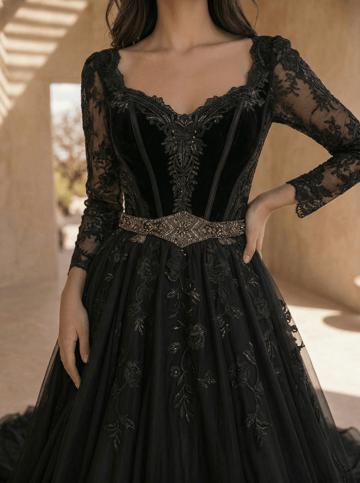 Unconventional Black Gothic Wedding Dress – Long Sleeve Corset Luxury Bridal Gown Plus Size - WonderlandByLilian