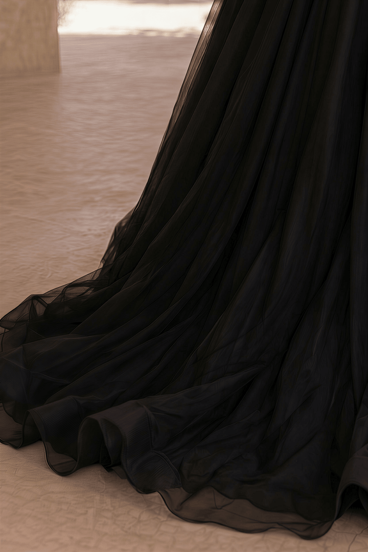 Unconventional Black Gothic Wedding Dress – Long Sleeve Corset Luxury Bridal Gown Plus Size - WonderlandByLilian