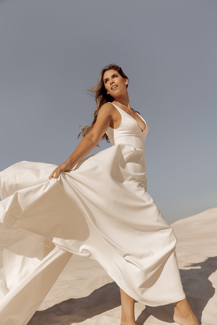 V-Neck Classic Signature Crepe Wedding Dress With High Slit Plus Size - LEILA - WonderlandByLilian