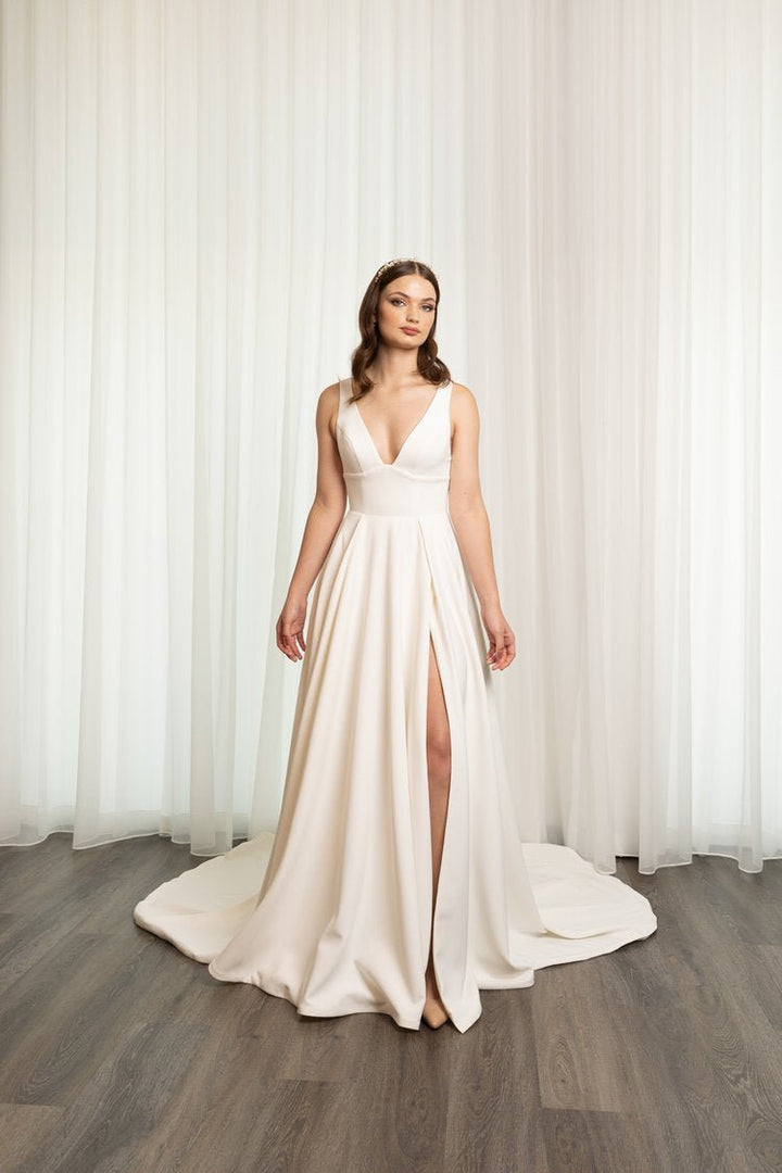 V-Neck Classic Signature Crepe Wedding Dress With High Slit Plus Size - LEILA - WonderlandByLilian