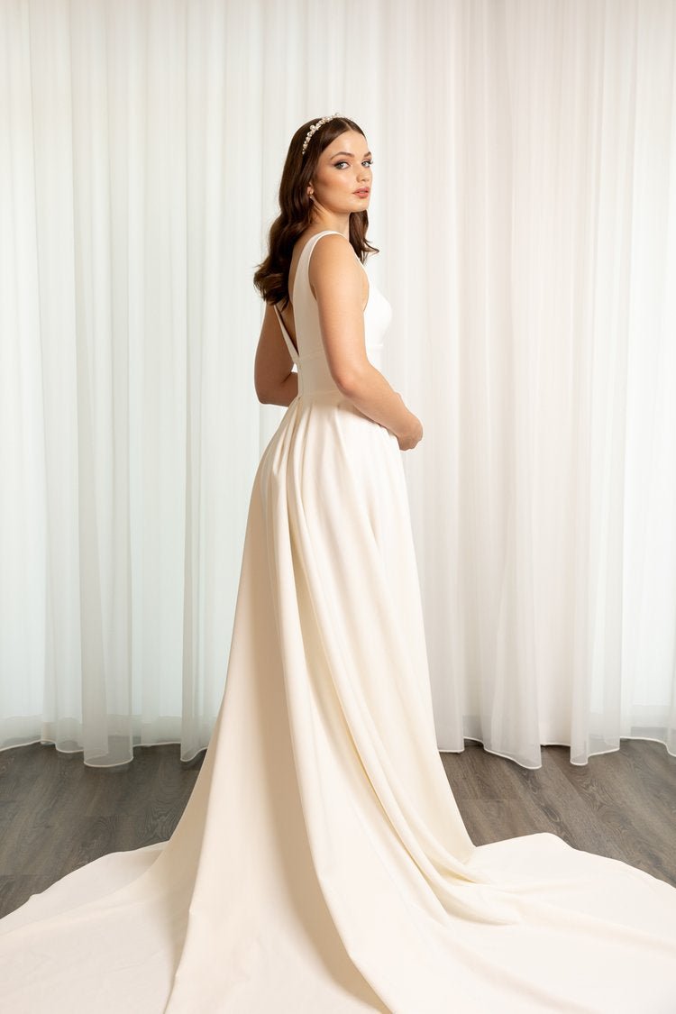 V-Neck Classic Signature Crepe Wedding Dress With High Slit Plus Size - LEILA - WonderlandByLilian