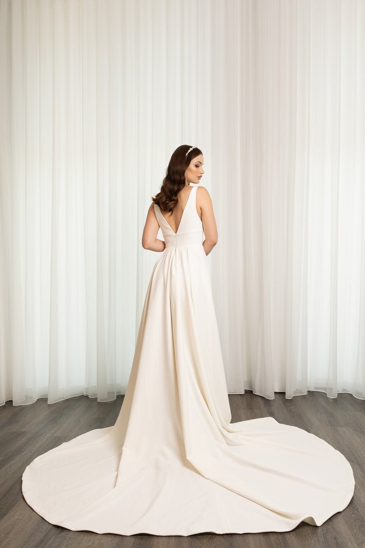 V-Neck Classic Signature Crepe Wedding Dress With High Slit Plus Size - LEILA - WonderlandByLilian