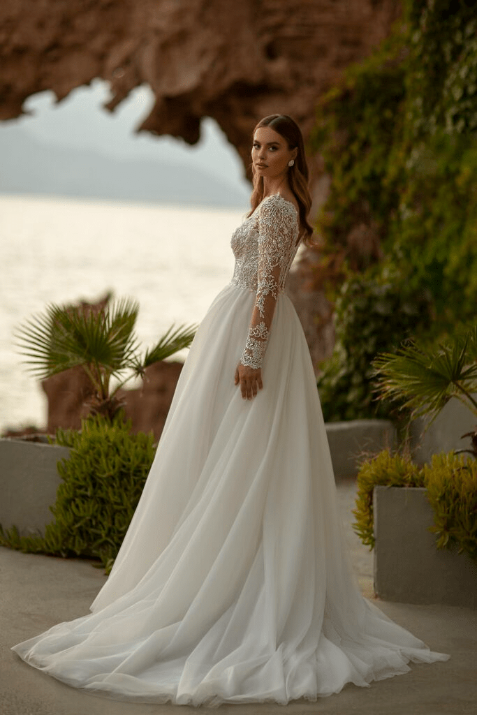 V - Neck Wedding Dress - Lace Wedding Gown Long Sleeve - Aline Wedding Dress with Lace Sleeve Plus Size - WonderlandByLilian