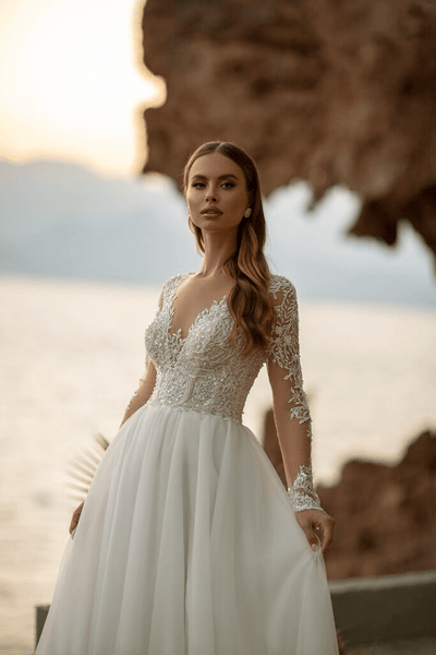 V - Neck Wedding Dress - Lace Wedding Gown Long Sleeve - Aline Wedding Dress with Lace Sleeve Plus Size - WonderlandByLilian