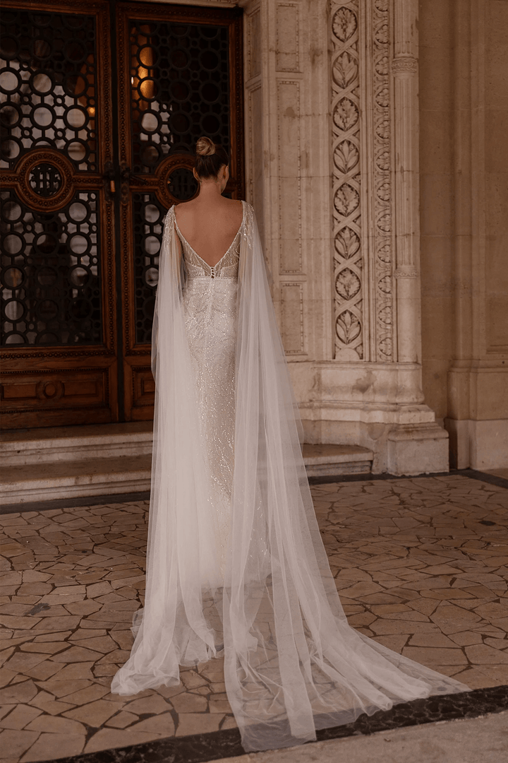 V - Neck Wedding Dress with Thigh Slit – Sparkling Bridal Gown with Convertible Shoulder Veil and Open Back Plus Size - WonderlandByLilian