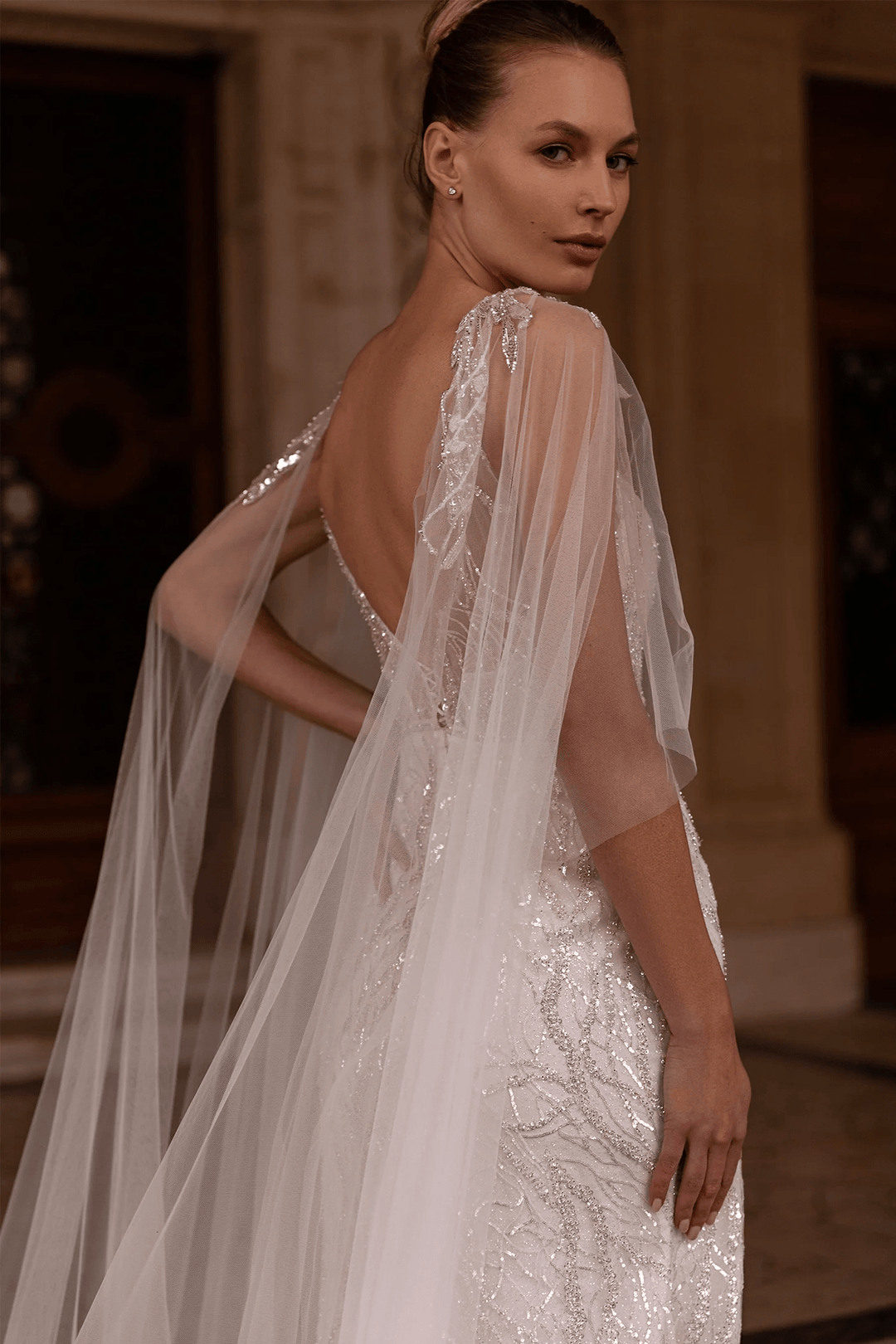 V - Neck Wedding Dress with Thigh Slit – Sparkling Bridal Gown with Convertible Shoulder Veil and Open Back Plus Size - WonderlandByLilian