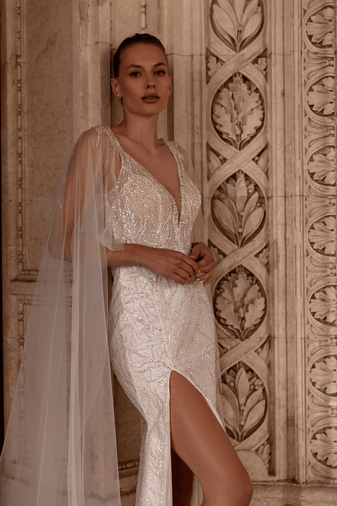 V - Neck Wedding Dress with Thigh Slit – Sparkling Bridal Gown with Convertible Shoulder Veil and Open Back Plus Size - WonderlandByLilian