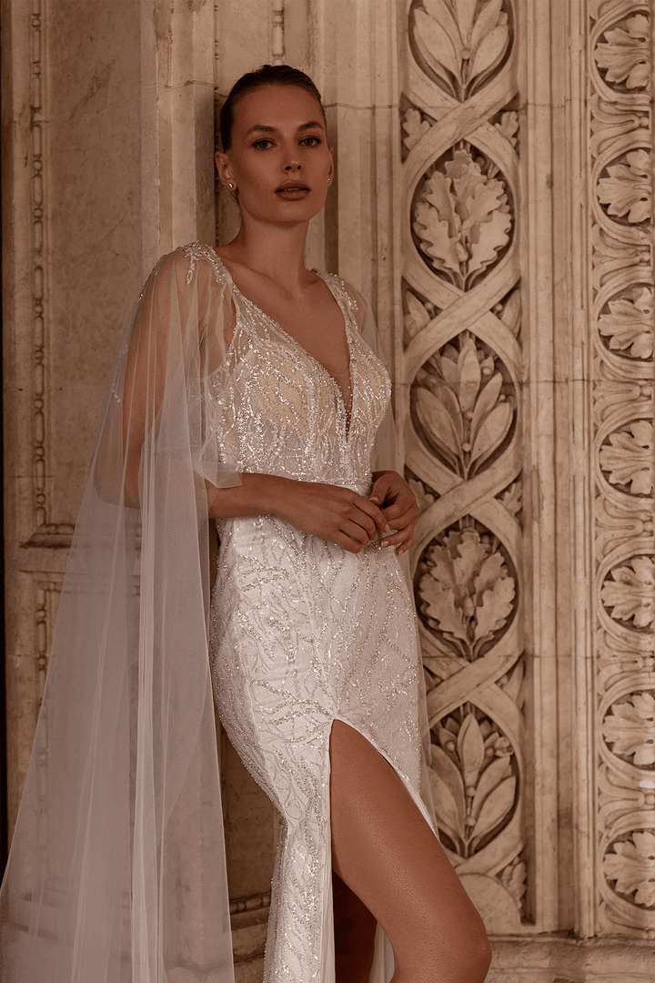 V - Neck Wedding Dress with Thigh Slit – Sparkling Bridal Gown with Convertible Shoulder Veil and Open Back Plus Size - WonderlandByLilian