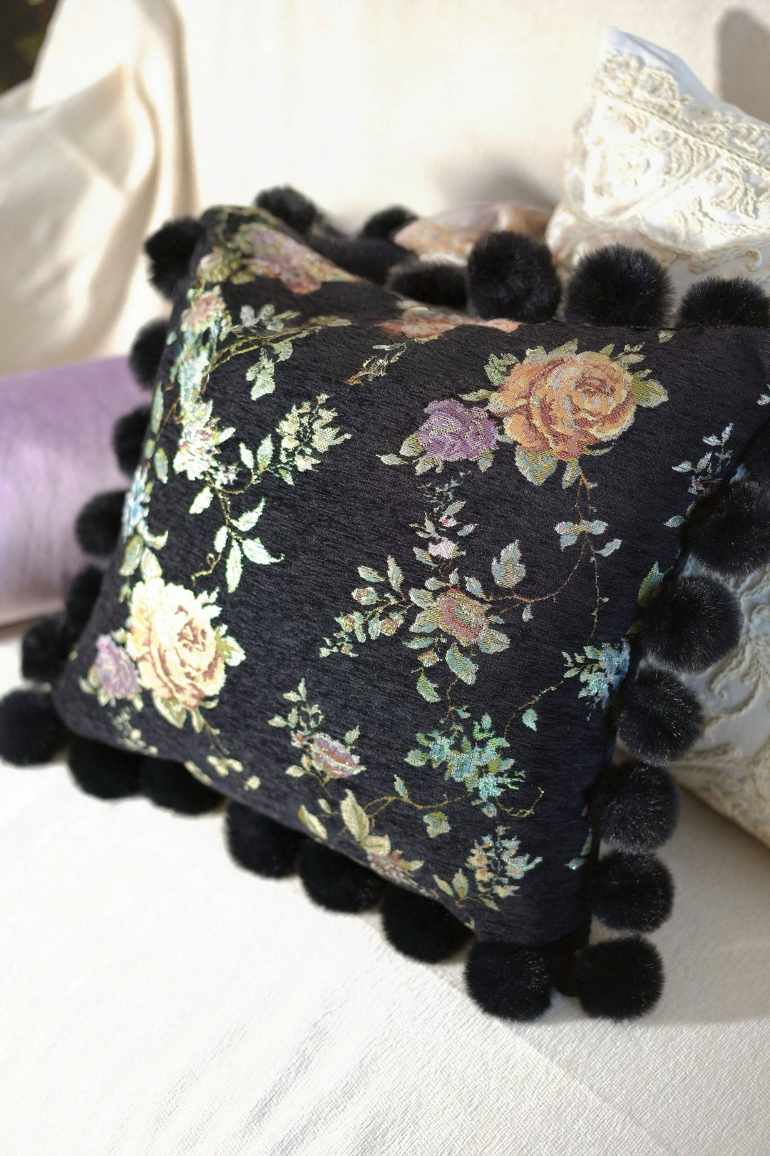 Velvet Floral Pillow Set – Black Chenille Square Cushion with Pom - Poms & Purple Round Bolster Pillow - WonderlandByLilian