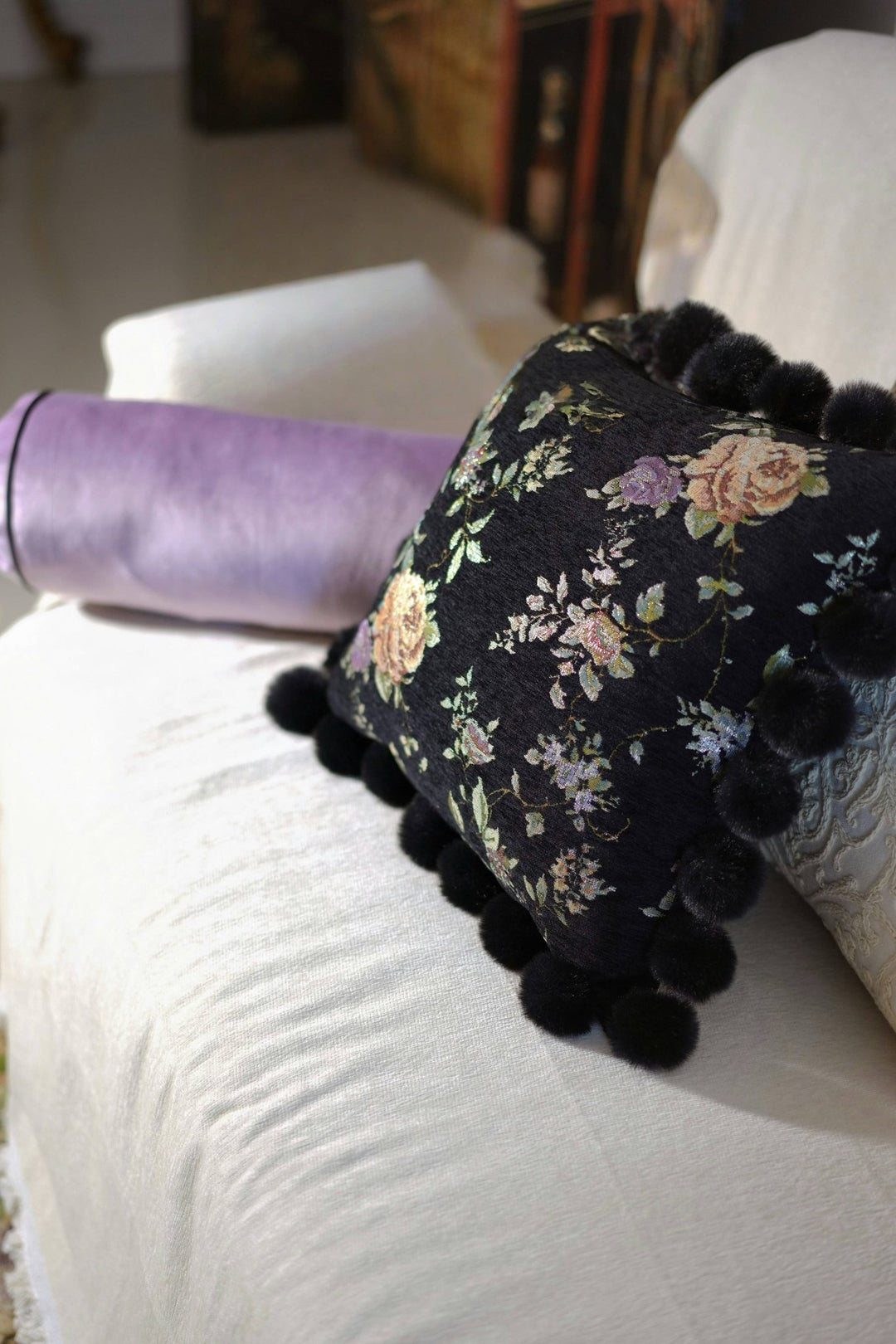 Velvet Floral Pillow Set – Black Chenille Square Cushion with Pom - Poms & Purple Round Bolster Pillow - WonderlandByLilian