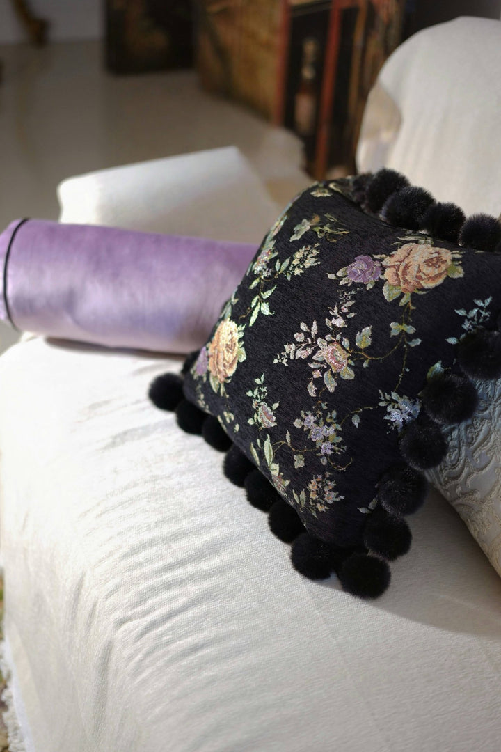 Velvet Floral Pillow Set – Black Chenille Square Cushion with Pom - Poms & Purple Round Bolster Pillow - WonderlandByLilian