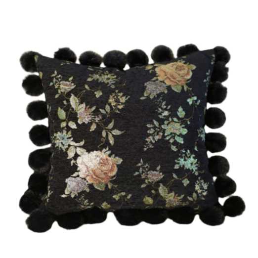 Velvet Floral Pillow Set – Black Chenille Square Cushion with Pom - Poms & Purple Round Bolster Pillow - WonderlandByLilian